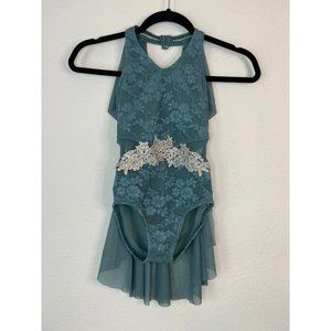 Weissman girls IC intermediate 7/8 green ballet dance leotard lace soloist